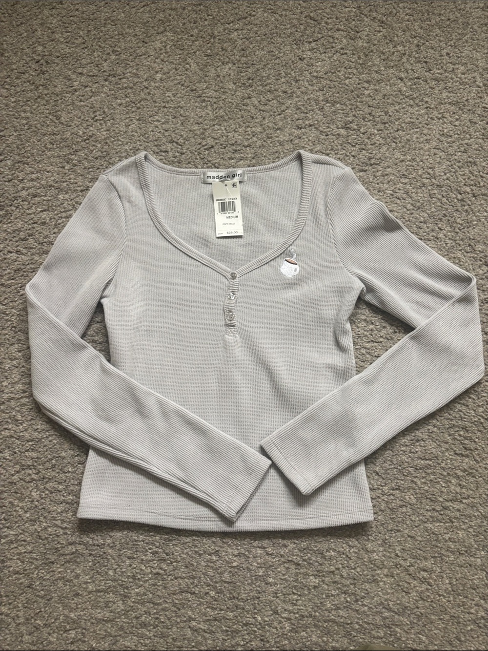 Madden Girl Light Gray Ribbed Henley Long Sleeve Top NWT size Medium